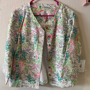 Christopher & Banks Floral Jean Jacket in White, Green & Pink